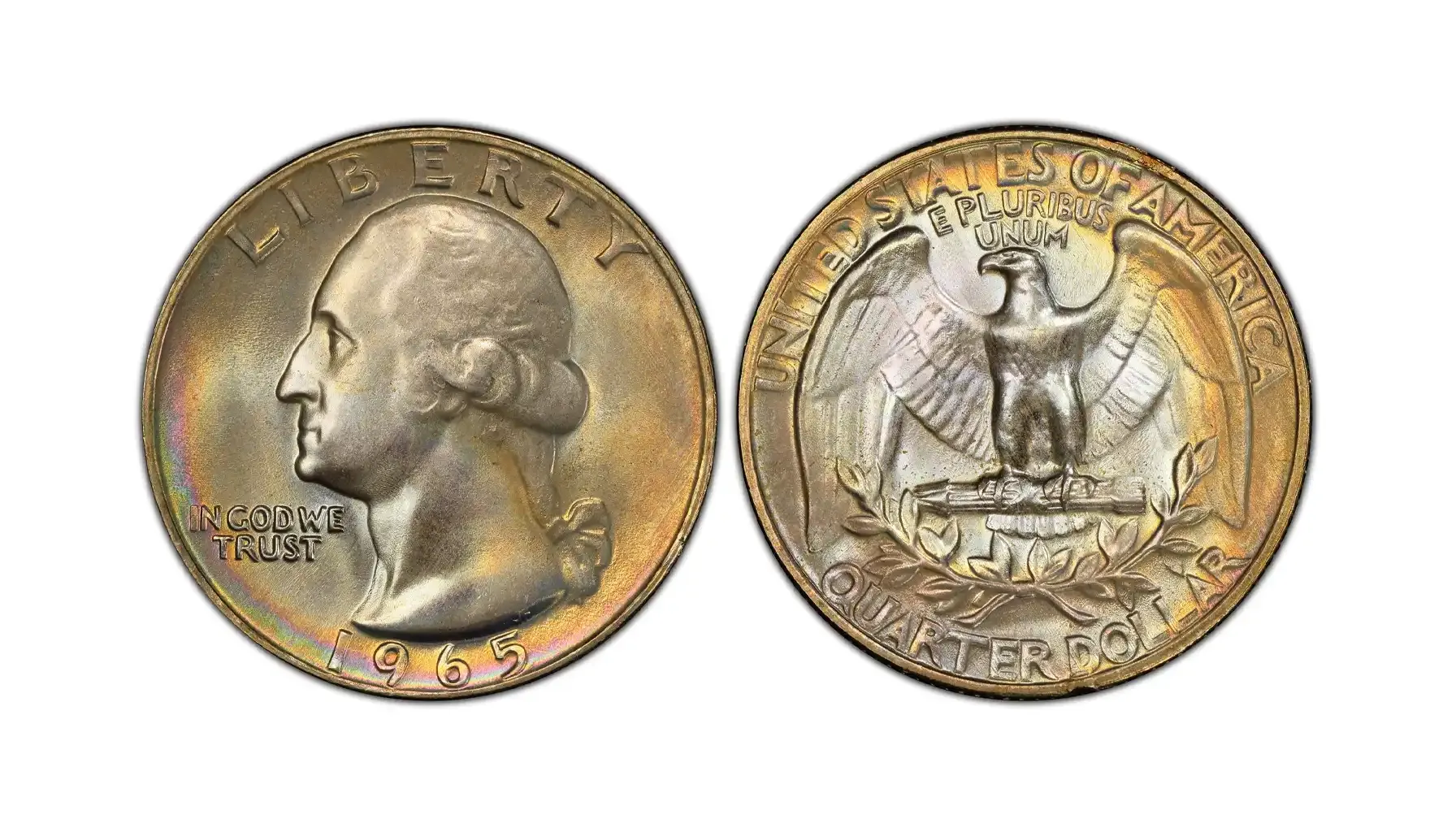 Side-by-side comparison of 1965 quarter edges: left shows clad quarter with copper stripe, right shows silver planchet transitional error with solid silver-white edge — the key diagnostic for this $16,800 error