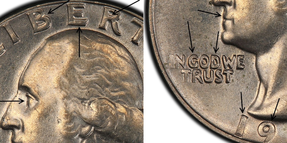 1965 quarter DDO FS-101 doubled die obverse under 10x magnification showing clear rounded notched doubling on LIBERTY lettering — the most recognized 1965 quarter error