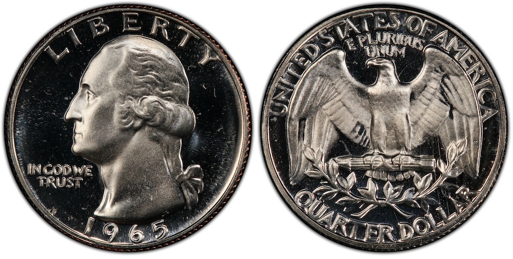 1965 SMS Special Mint Set Washington Quarter showing distinctive satin finish with Deep Cameo contrast — frosted Washington portrait against reflective mirror fields