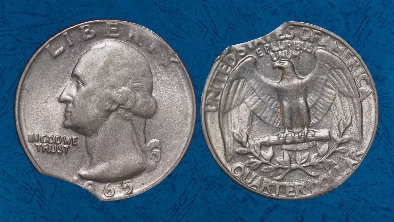 1965 Washington Quarter struck on wrong planchet — undersized dime blank showing truncated design and size comparison with normal quarter, an extremely rare mint error