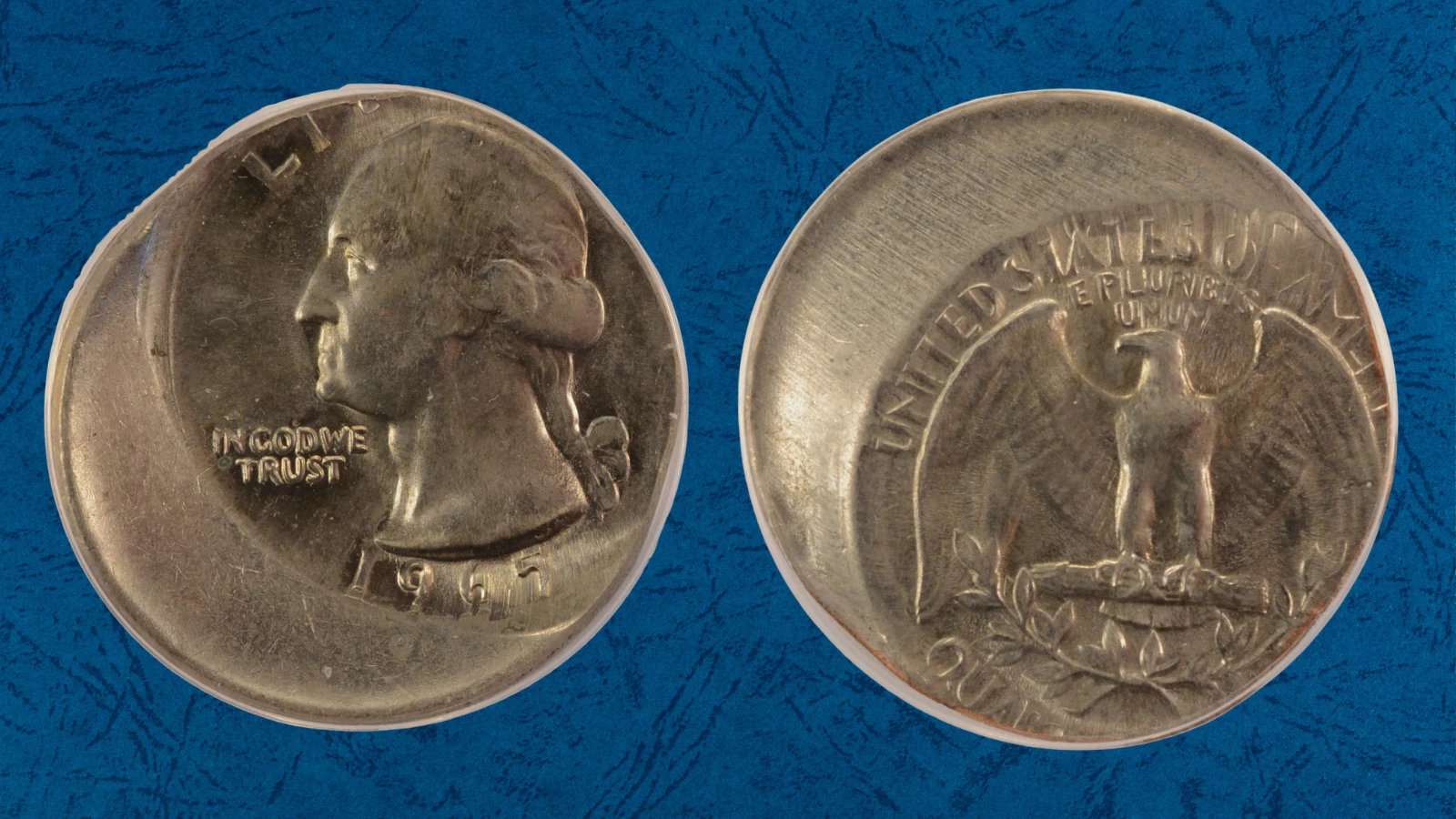 1965 quarter off-center strike error — Washington design shifted with blank crescent area visible and full date 1965 legible, a collectible mint error worth up to $875