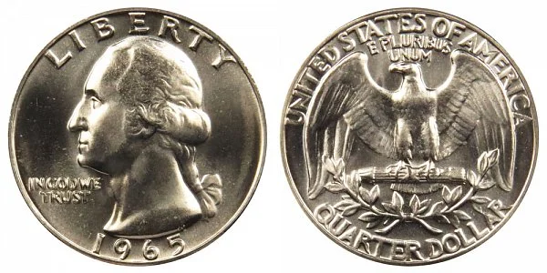 Group of 1965 Washington Quarters in various grades from worn circulated to gem uncirculated, illustrating survival range from the 1.82 billion coin mintage