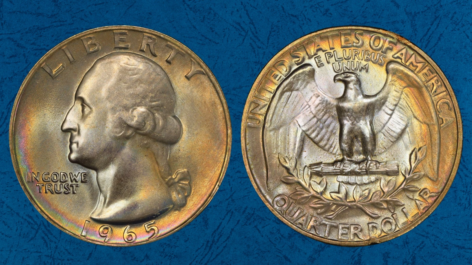 1965 Washington Quarter grading strip showing four condition levels side by side: heavily worn AG, circulated VF, uncirculated MS63, and gem MS65 for comparison